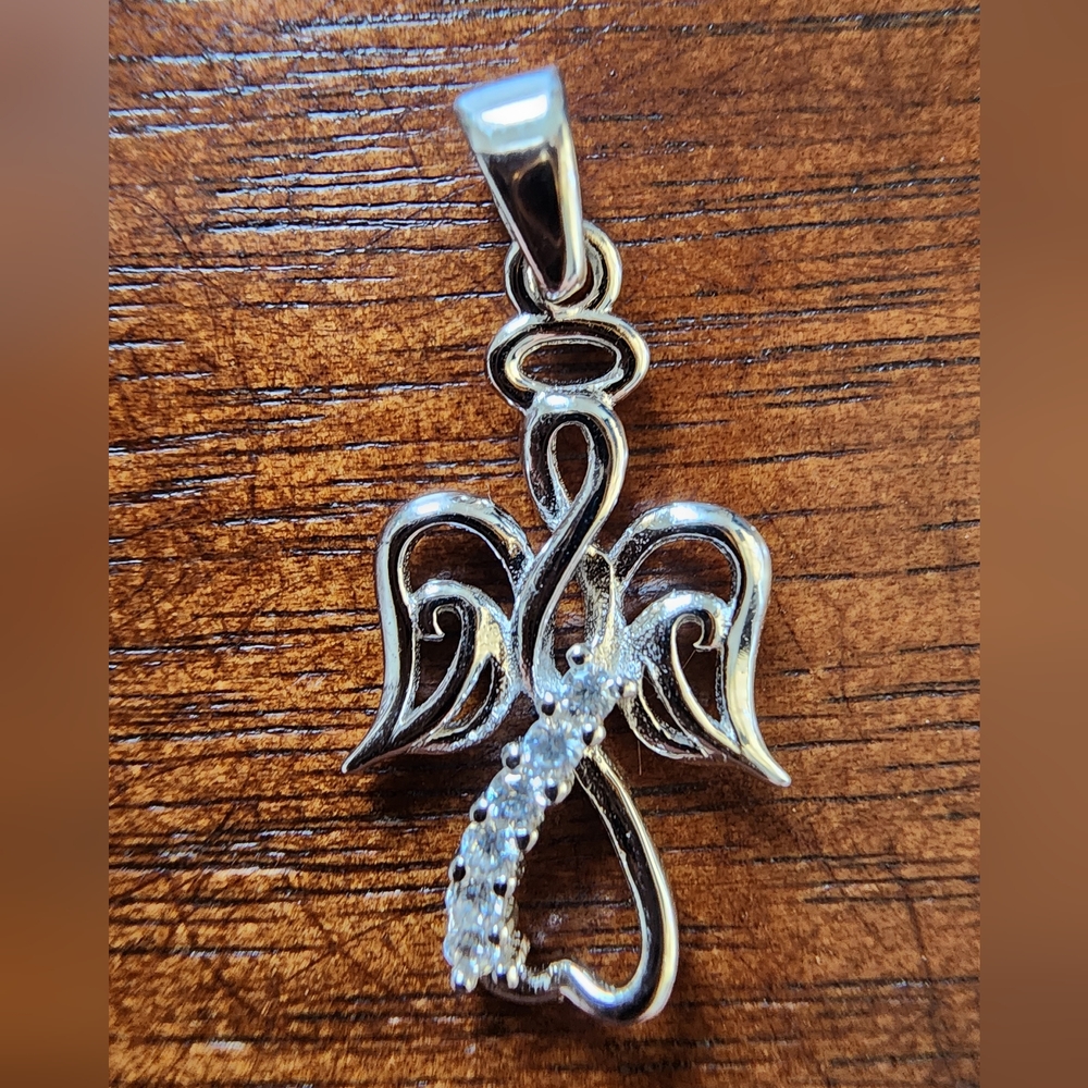 Elegant Sterling Silver Angel Pendant With Cz Stones, NWT
